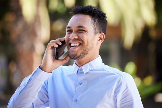 Smartphone, happy and man in city with phone call for business networking and commute to corporate company. Businessman or entrepreneur, cellphone and excited for communication and positive feedback