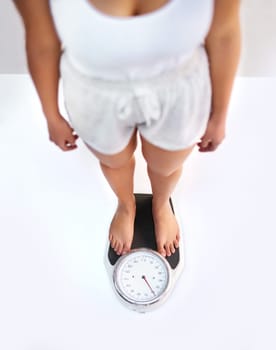 Above, legs or woman in home with scale for body training, exercise or workout mockup to lose weight. Wellness, feet or top view of female person in house to check health, monitor progress or results