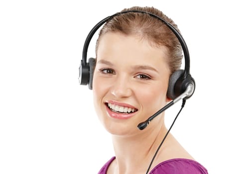 Woman, portrait and headset in studio for networking, call centre representative and white background. Female person, technical support and hotline or helpdesk, customer service and communication.