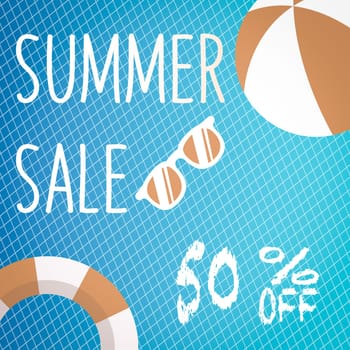 Banner for Summer sale discount. with summer related items in the background