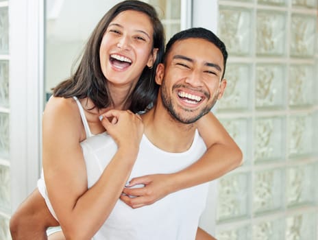 Couple, portrait and piggyback with bathroom, smile and love for relationship bonding. Man, woman and laugh with happiness, romance and morning routine for home oral hygiene with hug and teeth health.
