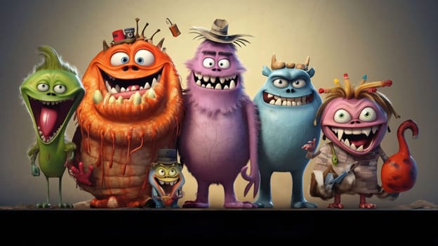 Group of cartoon monsters with different emotions. Halloween concept. 3d rendering