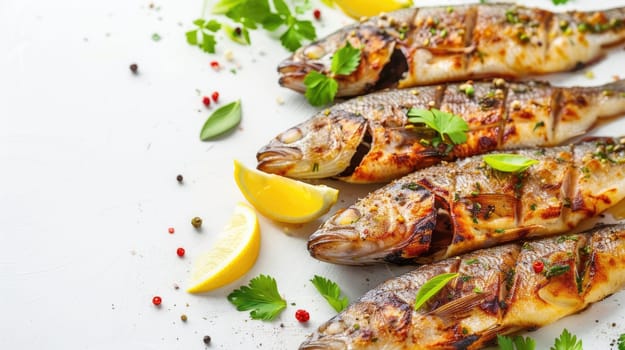 Grilled bream fish with herbs and spices on black background.