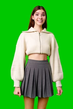 Young Woman Smiling in Front of a Green Screen Wearing Casual Clothing