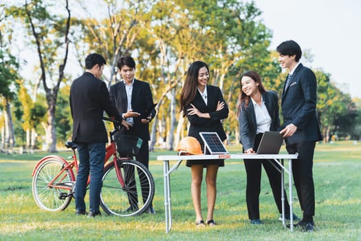 Group of asian business people with strong teamwork at outdoor office. Gyre