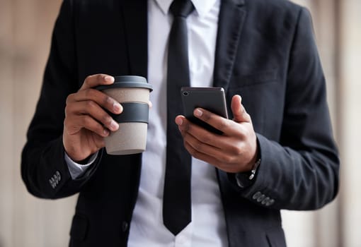 Businessman, closeup and phone with coffee or typing for email, communication with technology for company. Male person, hands and espresso or mobile and check for schedule, reminder for work on app