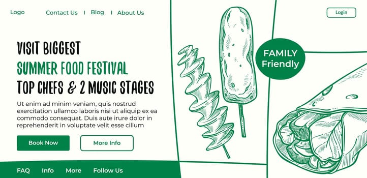 Try new food and drinks and enjoy atmosphere of special event. Biggest summer food festival with top chefs and music stages. Website landing page template, internet site. Vector in flat style
