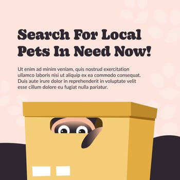 Pets in need near you, find local dogs and adopt. get companion now, looking for true loyal friend. Canine animal hiding in carton box. Friendly puppy showing paw. Vector in flat style illustration