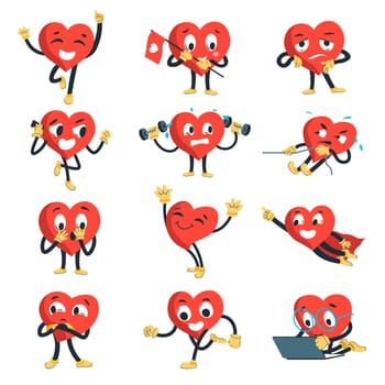 Heart character cheering, exercising and working