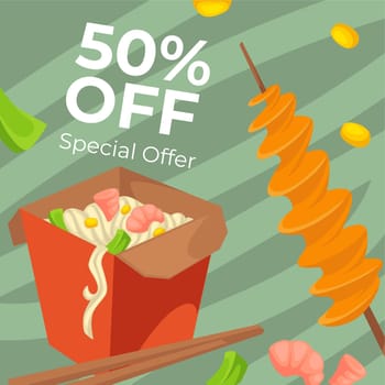 Discounts and reductions of price for chinese food in box, take away or delivery of street meal. Crunchy fried potato on stick, noodles with vegetables served with chopsticks. Vector in flat style