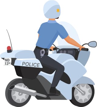 Back view of policeman riding motorcycle