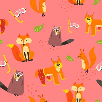 Funny animals seamless pattern, fox and beaver