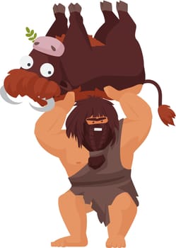 Strong caveman holds a cow