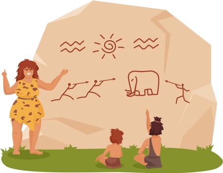 Stone age school education. Primitive people, ancient lifestyle cartoon vector illustration