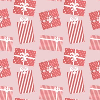 Seamless pattern, beautiful gift boxes with ribbons on a pink background. Print, holiday packaging