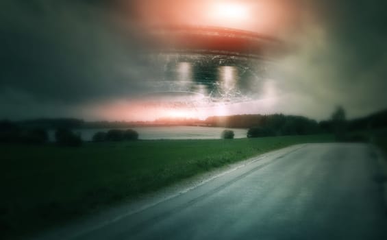 UFO, spaceship and countryside with alien in sky for fantasy or science fiction event in nature, field or landscape with clouds. Earth, aliens and extraterrestrial drone in environment with blur