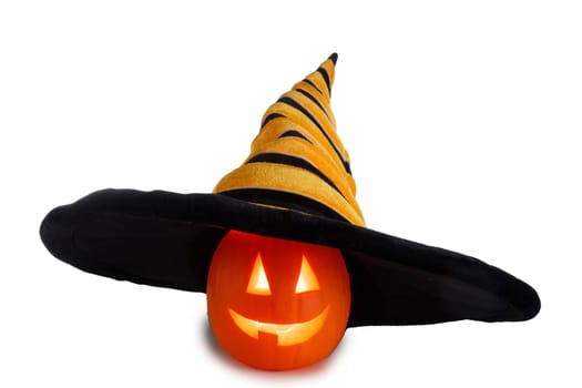 Halloween pumpkin in oversized hat