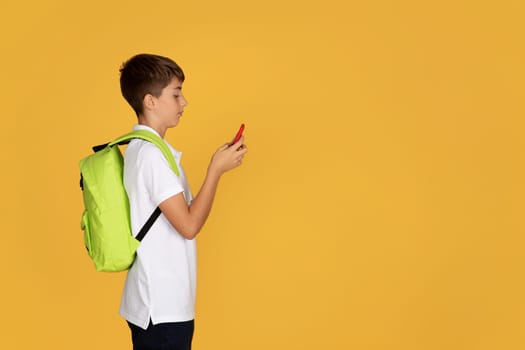 Serious european teenager schoolboy with backpack typing on smartphone at school