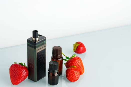 Electronic cigarette liquid with strawberry flavor on white background