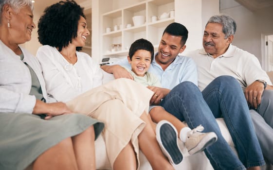 Mom, dad or happy kid with grandparents on sofa to bond, laugh or relax in family home with smile. Care, grandfather and grandmother with dad, mom or child in lounge with trust, support or love