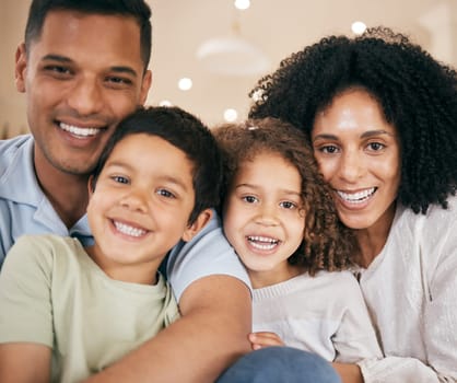 Happy family, parents and portrait of kids in home for bonding, healthy relationship and relax. Interracial, face and mother, father and children hug, embrace and cuddle for trust, support and love