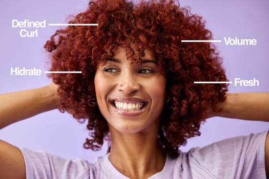Hair, overlay and woman with labels in studio for wellness, haircare and keratin treatment benefits. Beauty salon, mockup and face of person on purple background for volume, curls and hairdresser
