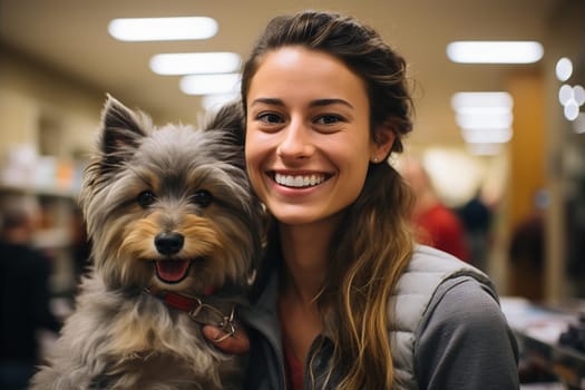 Young smiling woman doctor with dog in clinic. Medical care for pets concept. AI generated
