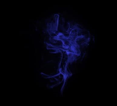 Smoke, studio and blue fog with vapor, incense and creative art with steam and swirl. Colorful, neon puff and black background isolated with chemistry effect, cloud and magic mist of aura in the air