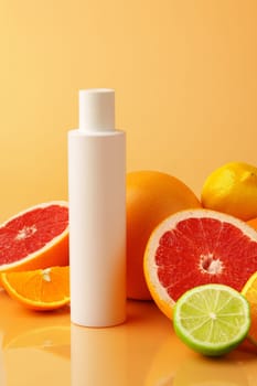 Cosmetic container on background of cut citrus fruit