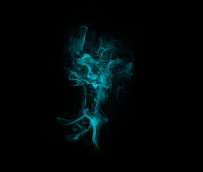 Blue smoke, studio and cloud with aura fog, gas and creative art with black background and magic effect. Steam, mystical swirl and colourful mist and vapor form with air and abstract creativity