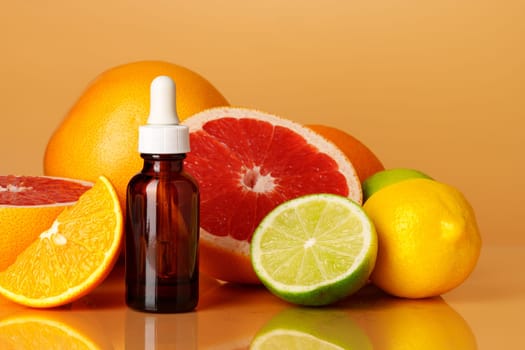 Glass bottle with essential citrus oil on orange background