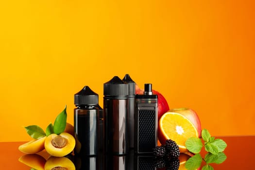 Vape smoking liquid with fruit flavor on orange background