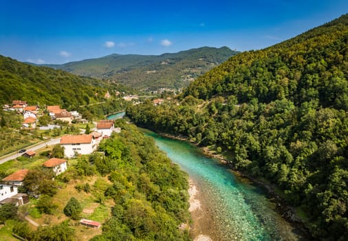 Aerial drone view of valley of the Drina river in Bosnia and Herzegovina in sunny weather.