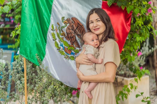 Immigrant family in front of the Mexican flag. New Mexicans. Childbirth in Mexico