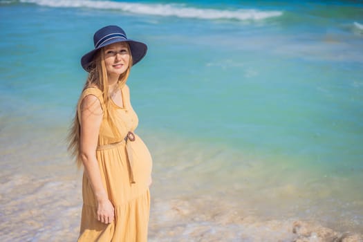 Radiant expectant mother, serene against a stunning turquoise sea. A moment of blissful anticipation amidst nature's beauty