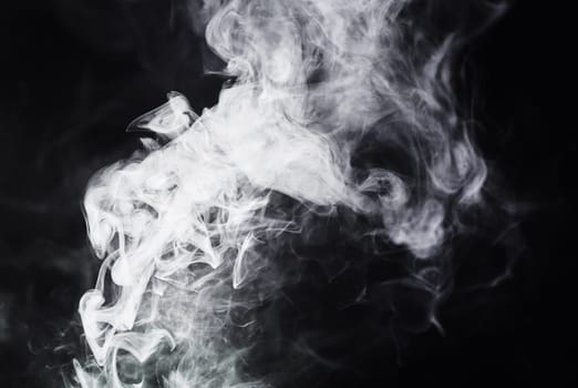 Smoke, white effect and black background with creative texture, mockup and abstract art, pattern or gas design. Cloud of cigarette, smoking and fog in air, wind or dry ice in empty or dark wallpaper