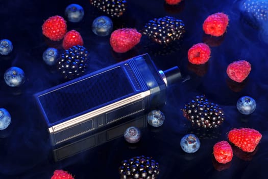 Vape smoking tool on black background with berries