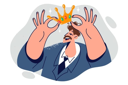 Business man leader puts crown on head, symbolizing superiority over colleagues and competitors