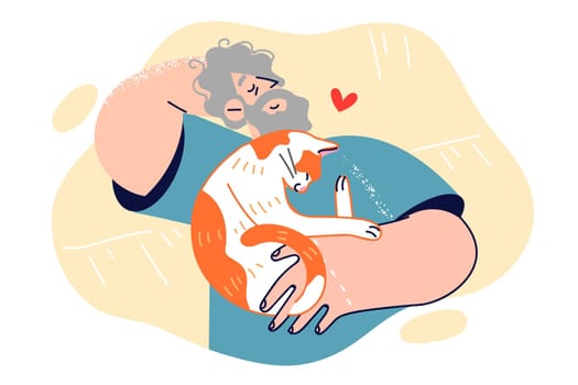 Elderly man sleeps with cat lying on chest, for concept of love and affection for pet