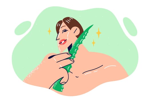 Naked woman with petal of aloe for rejuvenating SPA treatments and moisturizing skin