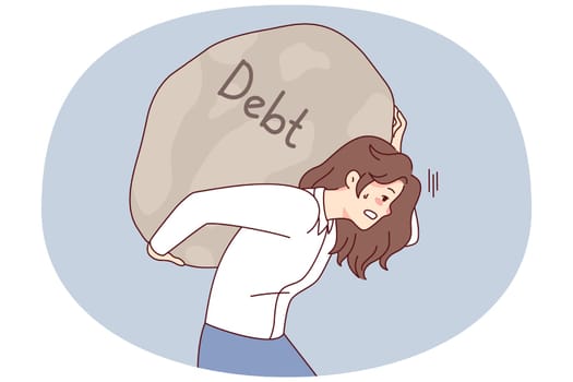 Tired woman carry debt stone on back