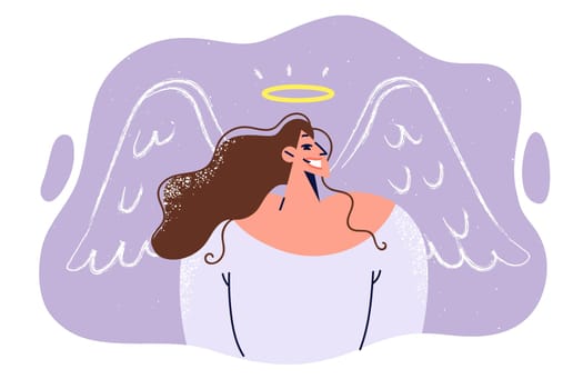 Kind woman with halo and painted angel wings smiles, demonstrating absence of negative intentions