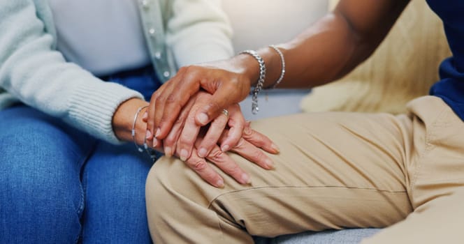 Person, hands or consulting a therapist with support or empathy for healthcare service of cancer therapy. Closeup, psychology or sick patient talking in counseling with a psychologist in consultation