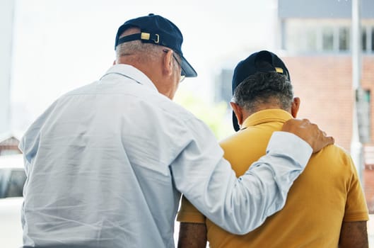 Help, back and men for support, conversation and comfort in retirement for depression. Anxiety, kindness and friends or people with a discussion, talking or a problem together with empathy and sad