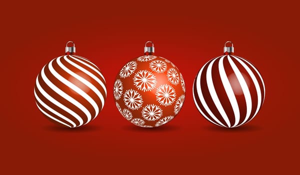 Bright red Christmas balls on a background with lights. 3d illustration, christmas card