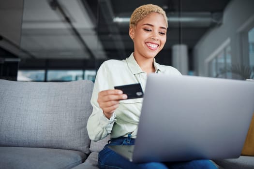 Woman, laptop and credit card with e commerce and happy about discount on store website, payment and fintech. Finance, online shopping and internet banking success with customer experience at home