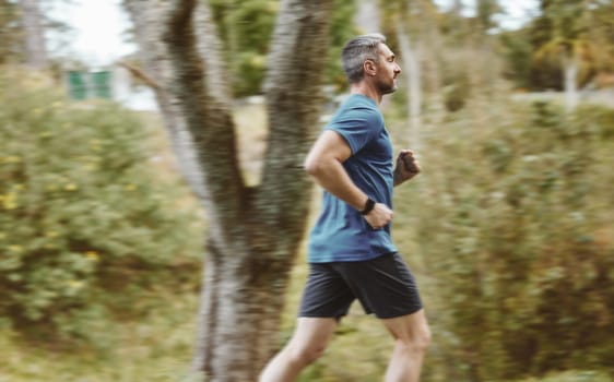 Man, running and forest in workout, training or outdoor cardio exercise for healthy wellness or weight loss. Active male person, athlete or runner in sports run, sprint or race for fitness in nature
