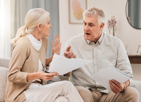 Bills, old couple with documents and stress in home, mortgage payment and retirement funding crisis. Financial budget, senior man and woman on sofa with anxiety for debt, life insurance and taxes.