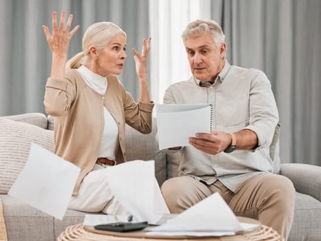 Debt, old couple with documents and stress in home, mortgage payment and retirement funding crisis. Financial budget, senior man and woman on sofa with anxiety for bills, life insurance and taxes.