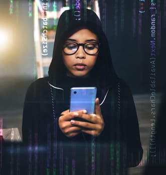 Hacker, coding overlay and woman with phone at night for cybersecurity, phishing and crime. Information technology, mockup and person on smartphone with software, network code or programming hologram